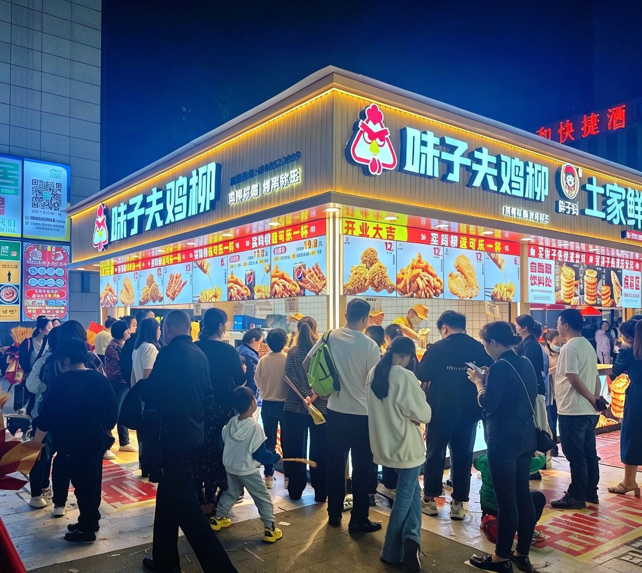 味子夫鸡柳门店夜间营业实景,店前顾客排队点单,人气火爆